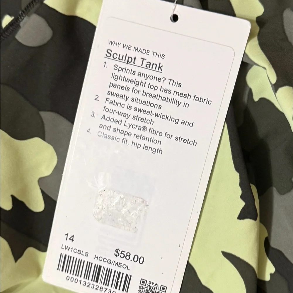 NWT lululemon athletica Camouflage Sculpt Tank Top - Black and Green